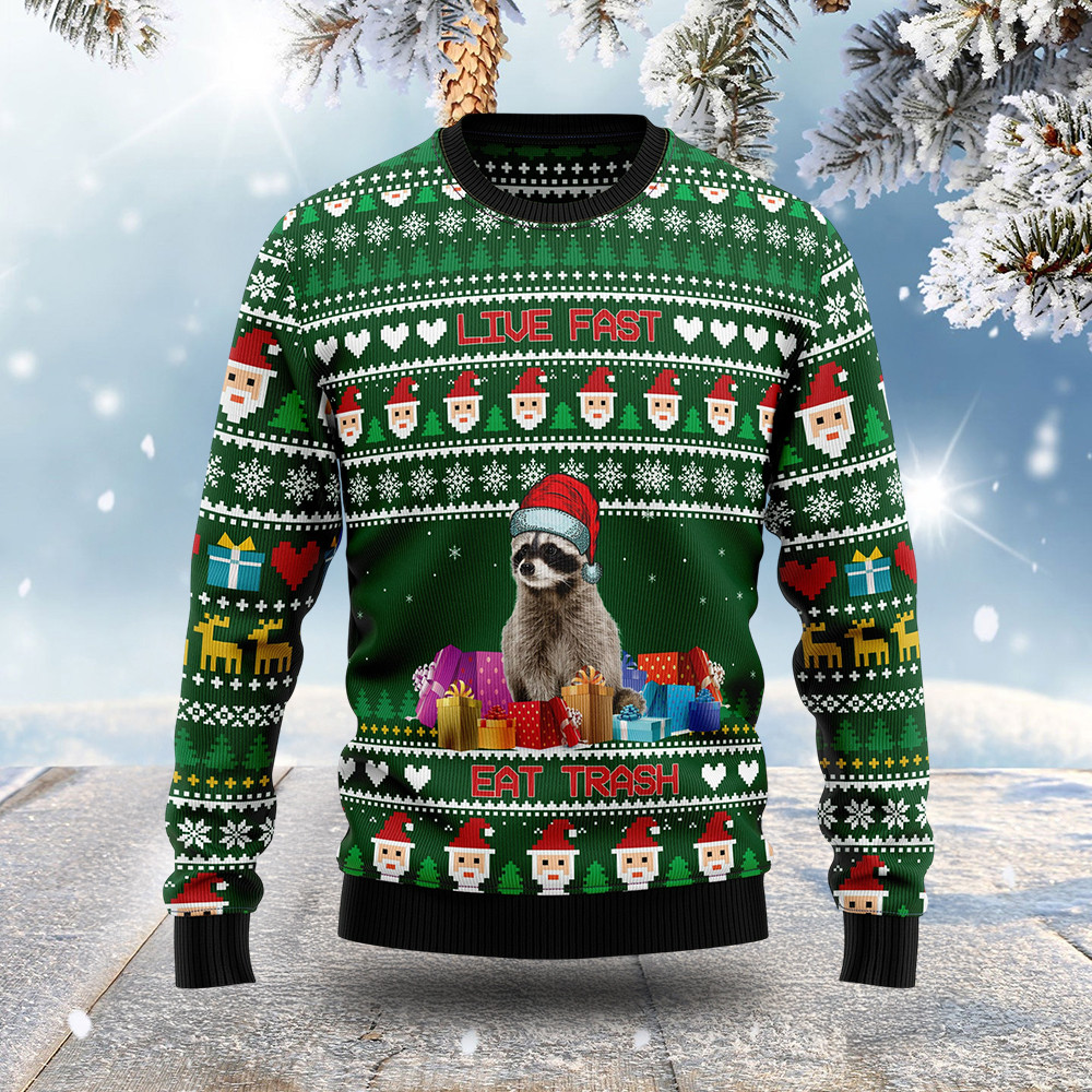 Raccoon Eat Live Fast Trash Christmas Ugly Sweater Christmas Clothing Gifts For Raccoon Lovers