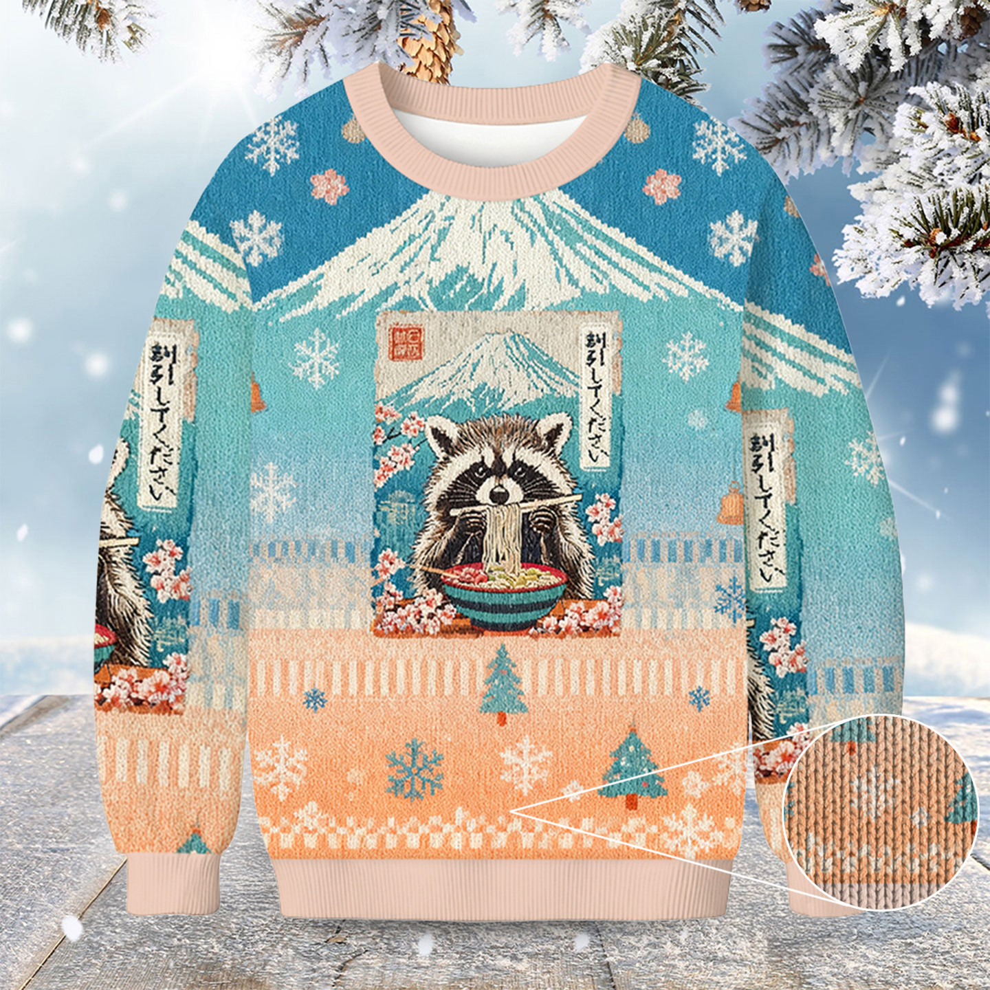 Raccoon Eats Noodle Christmas Ugly Sweater Animal Clothing Xmas Gifts For Raccoon Lovers