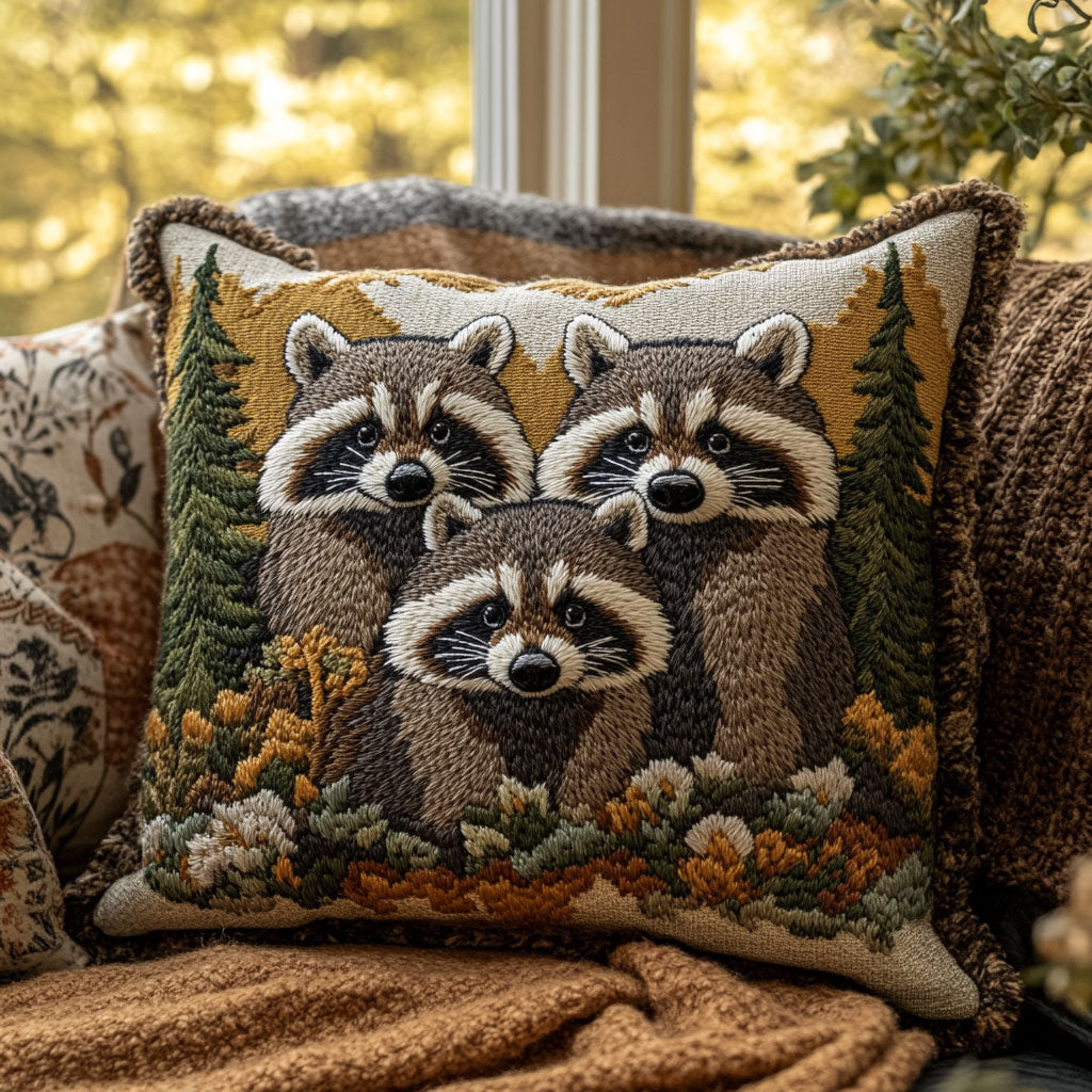 Raccoon Family Quilt Pillow Case Cozy Pillow Cover Gift for a Peaceful Sleep