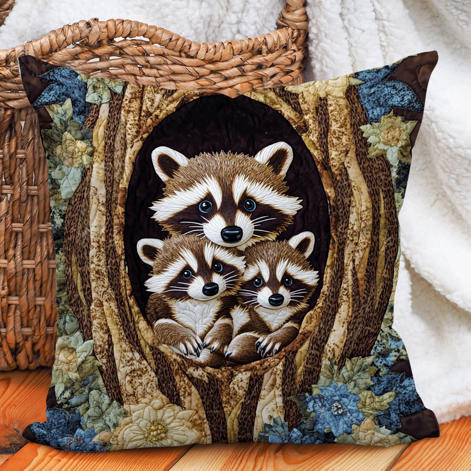 Raccoon Family Tree Quilted Pillow Case Christmas Pillow Case for Sofa