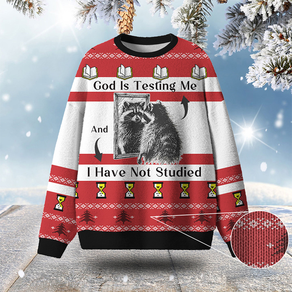 Raccoon God Is Testing Me Ugly Christmas Sweater Animal Sweater Christian Christmas Gift Ideas