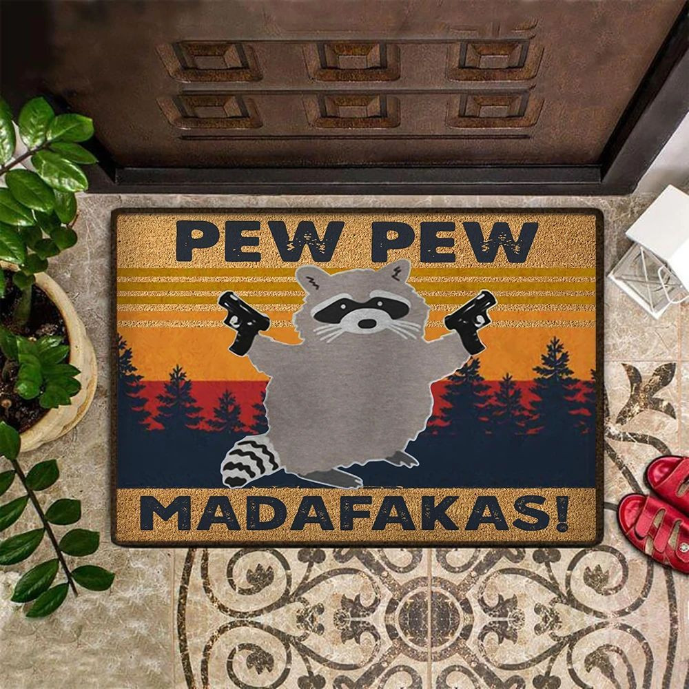 Raccoon Gunman Pew Pew Madafakas Doormat Hilarious Cute Door Mats Indoor Unique
