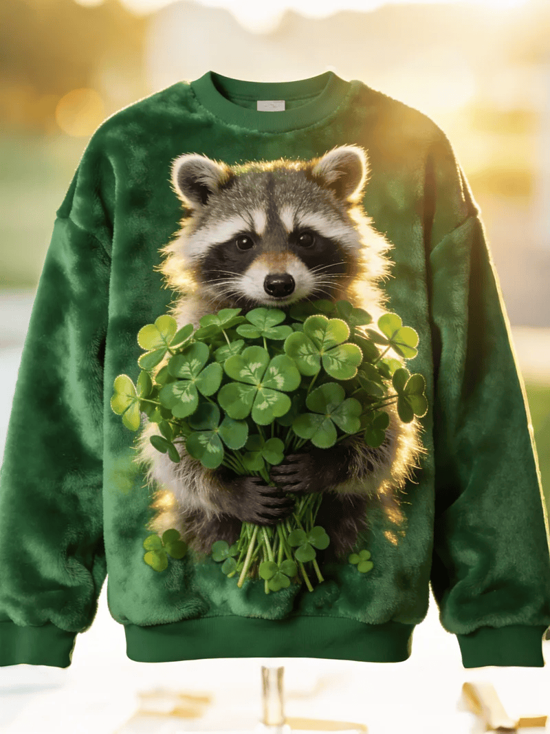 Raccoon Holding Shamrock Bouquet Fluffy Sweatshirt St Patrick's Day Green Lucky Irish Outfit