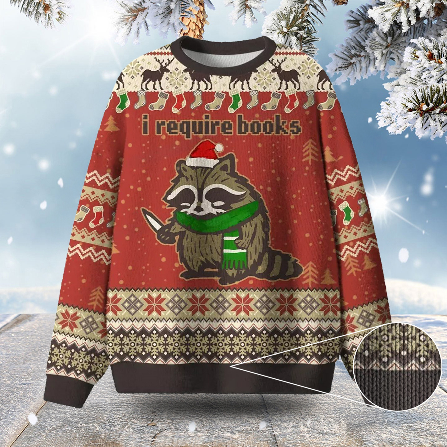 Raccoon I Require Books Ugly Christams Sweater Christmas Gifts For Bookish