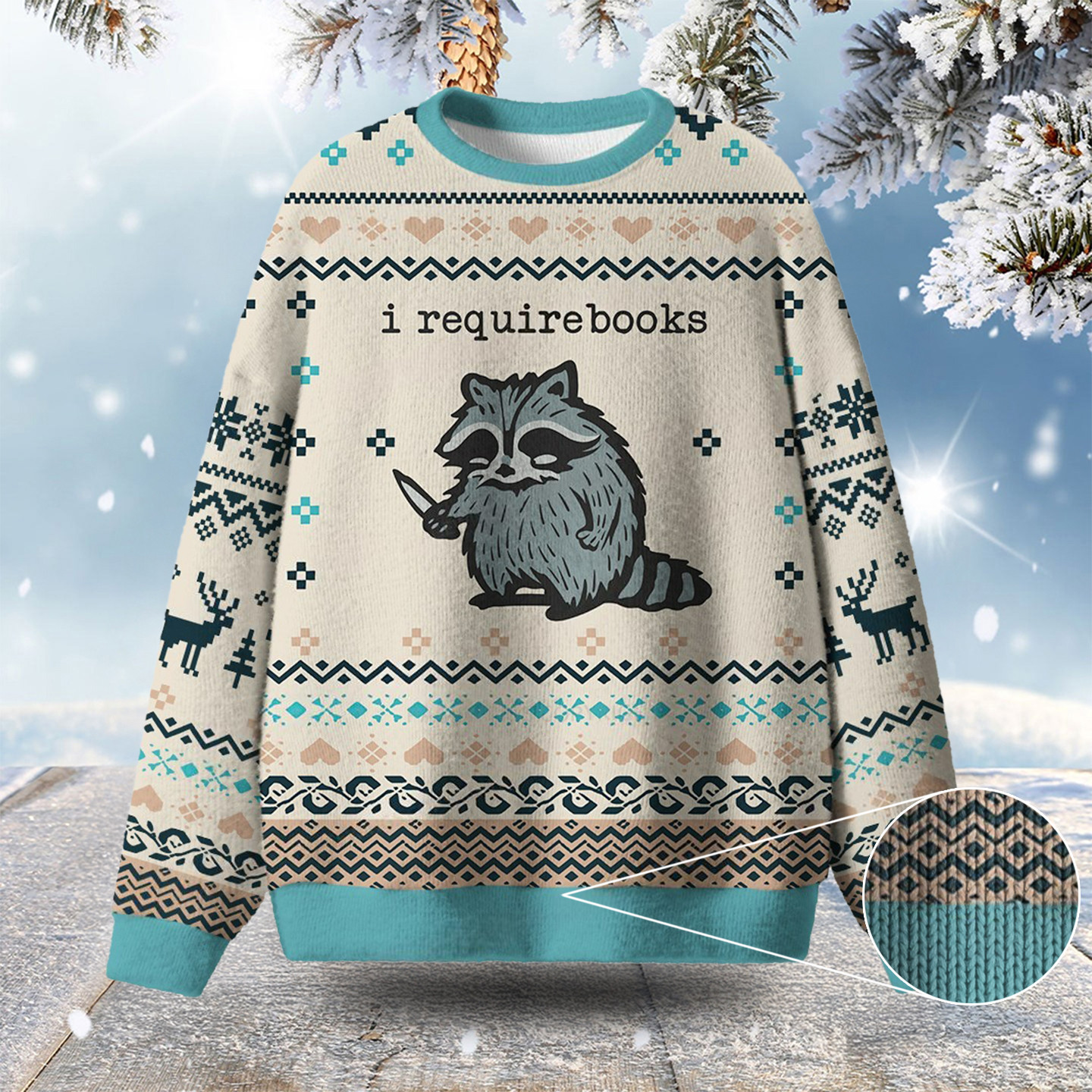 Raccoon I Require Books Ugly Christmas Sweater Xmas Wear Animal Lover Presents