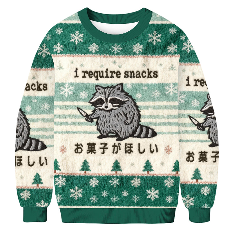 Raccoon I Require Snacks Christmas Ugly Sweater Winter Apparel Christmas Gifts For Animal Lover