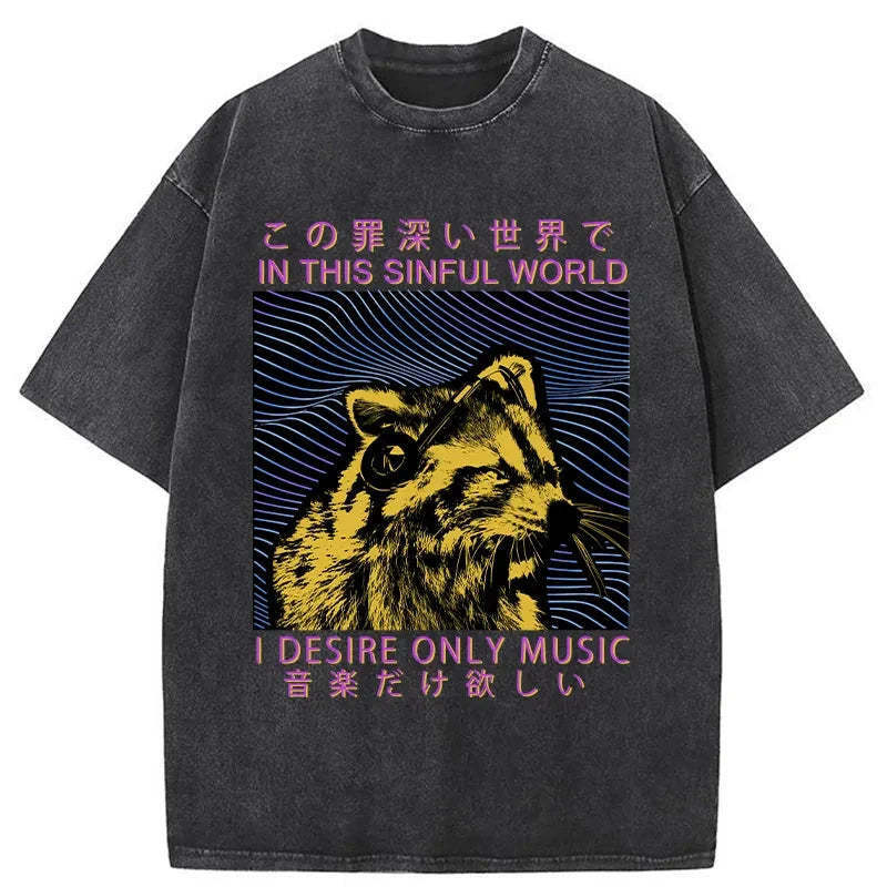 Raccoon Listening To Music Washed T-Shirt Unique Aesthetic Fashion Tee Gifts For Best Friend