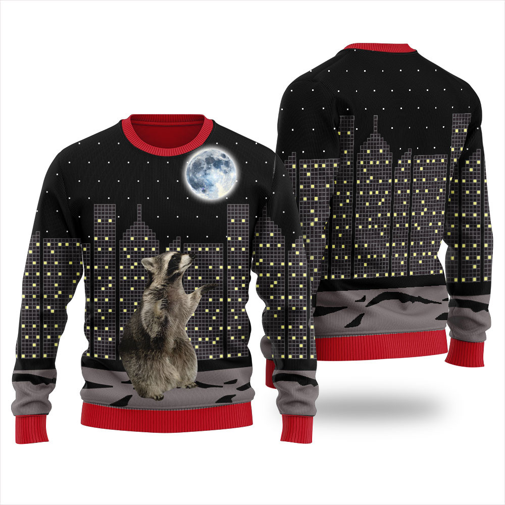 Raccoon Look At Moon Funny Christmas Sweater Merry Christmas Sweatshirt for Holiday Fun