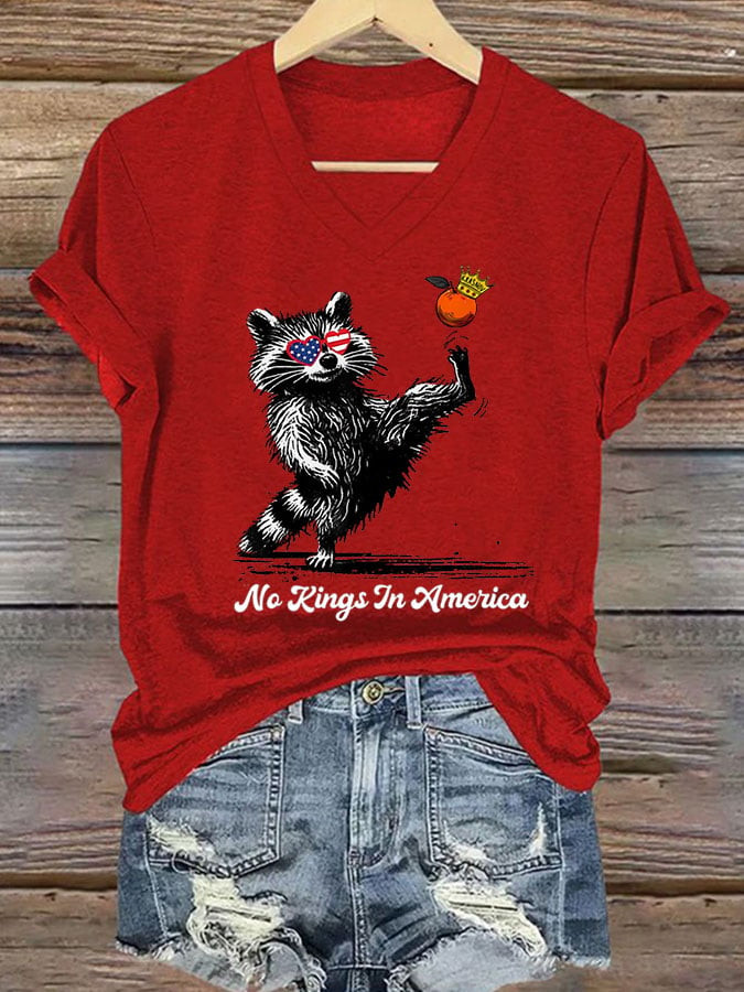 Raccoon No Kings In America V-neck T-Shirt Women's Independence Day FDT Shirts Gifts
