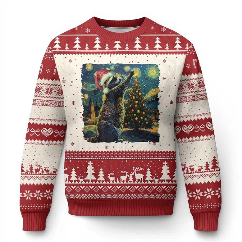 Raccoon On Starry Night Ugly Holiday Sweater Cute Jumper Raccoon Themed Gifts For Christmas