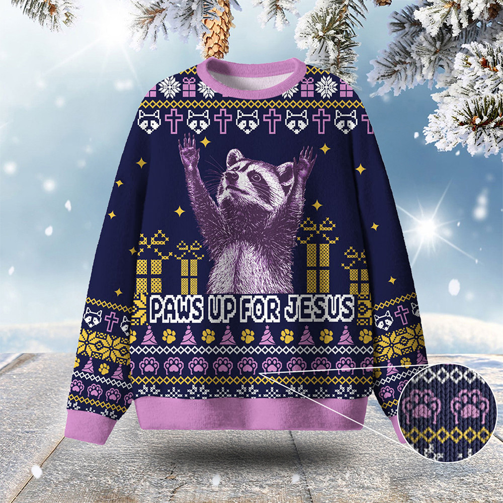 Raccoon Paws Up For Jesus Ugly Christmas Sweater Christmas Gifts For Raccoon Lovers