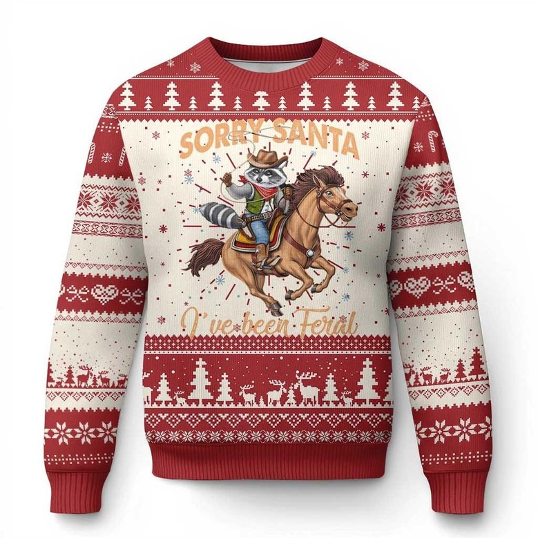 Raccoon Riding Horse Ugly Holiday Sweater Sorry Santa I've Been Feral  Jumper Cowboy Gifts