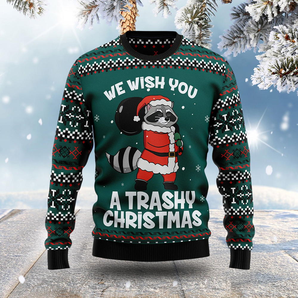 Raccoon Santa We Wish You A Trashy Christmas Ugly Sweater Xmas Wear Gifts For Him