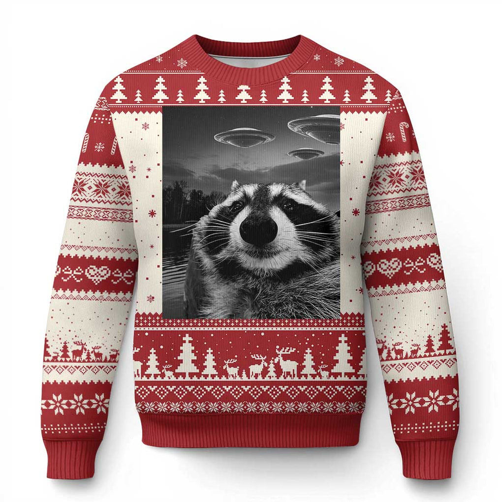 Raccoon Selfie with UFOs Weird Ugly Christmas Sweater Family Ideas For Xmas Gifts