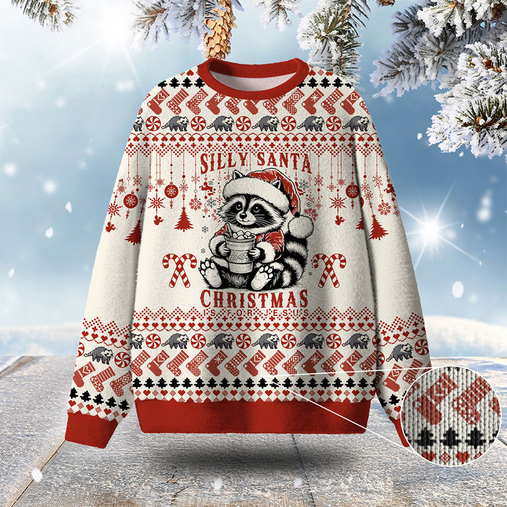 Raccoon Silly Santa Christmas Is For Jesus Ugly Christmas Sweater Holiday Apparel Xmas Gifts