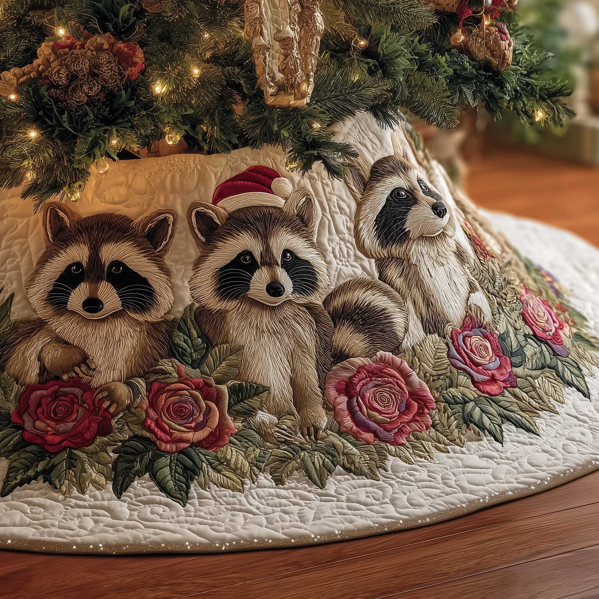 Raccoon Squad Christmas Quilted Tree Skirt Xmas Tree Surround Raccoon Inspired Presents