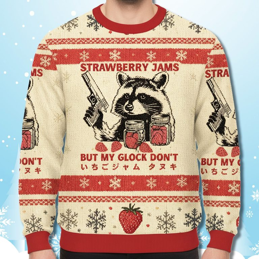Raccoon Strawberry Jams But My Glock Don't Ugly Christmas Sweater Xmas Gifts For Friends Raccoon Strawberry Jams But My Glock Don't Ugly Christmas Sweater Xmas Gifts For Friends