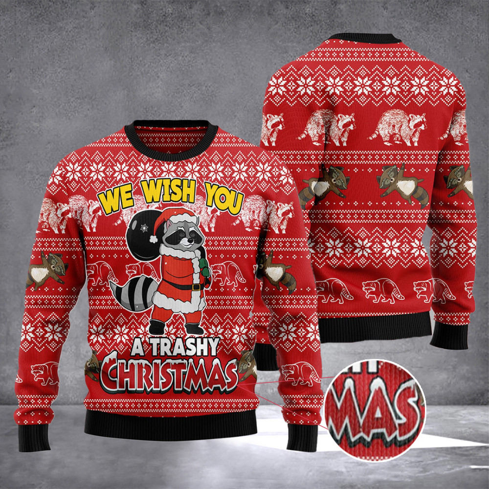 Raccoon We Wish You A Trashy Christmas Ugly Sweater Funny Womens Ugly Christmas Sweaters