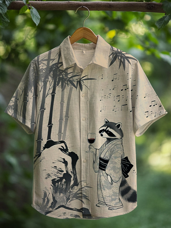 Raccoon Wearing Kimono Drinking Wine Art Print Hawaiian Shirt Best Gifts For Raccoon Lovers