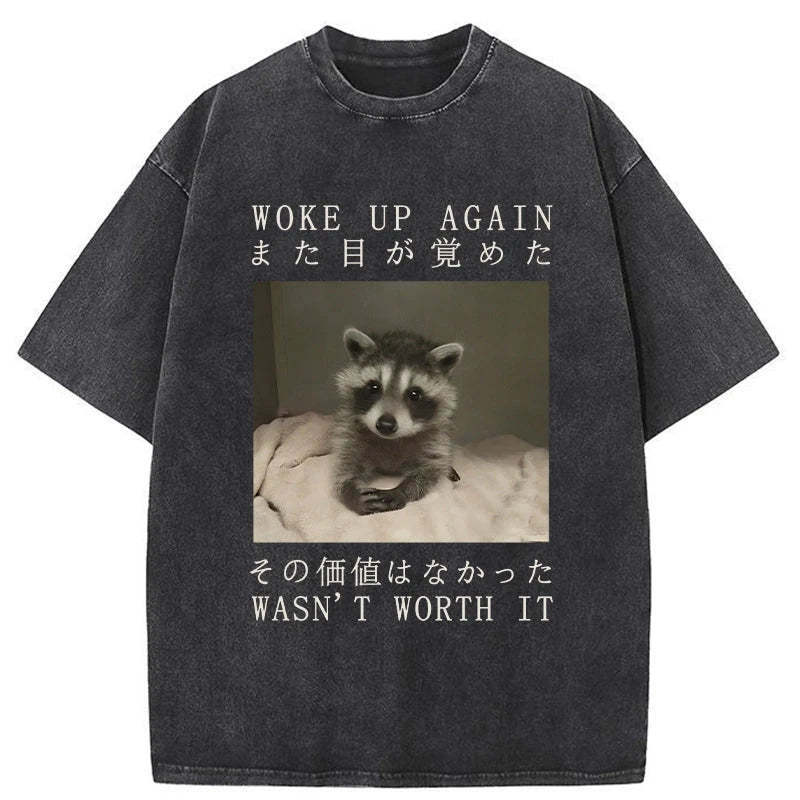 Raccoon Woke Up Again Washed T-Shirt Classic Graphic Fashion Tee Gifts For BFF