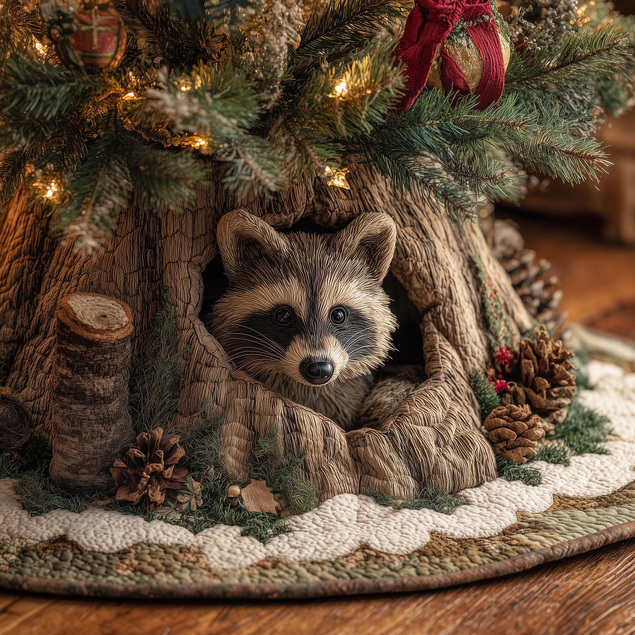 Raccoon Wooden Christmas Quilted Tree Skirt Xmas Tree Bottom Cover Gifts For Raccoon Lover