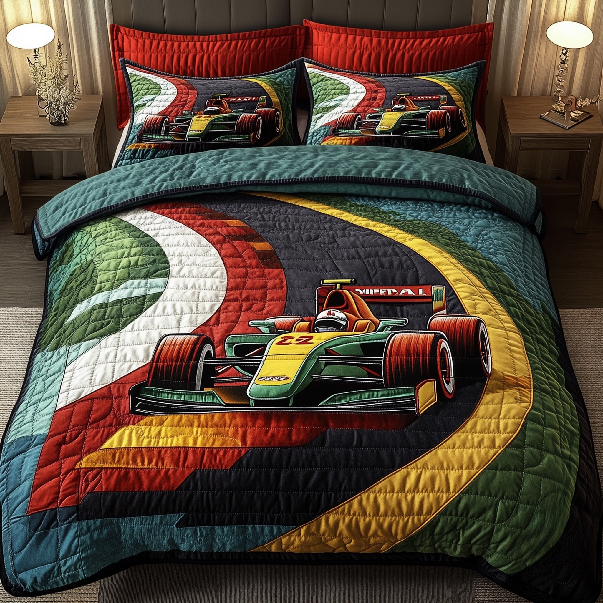Race Car Quilted Bedding Set Duvet Cover Merchandise Car Racing Presents F1