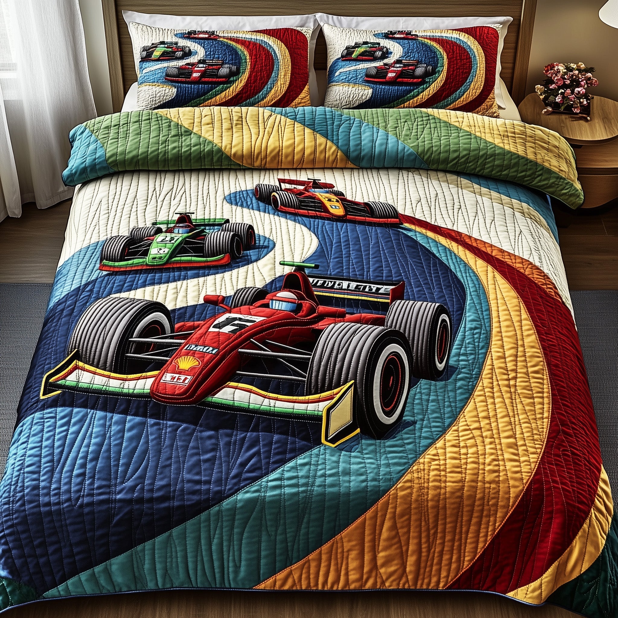Race Car Quilted Bedding Set Duvet Cover Merchandise Gift For Race Car Enthusiast