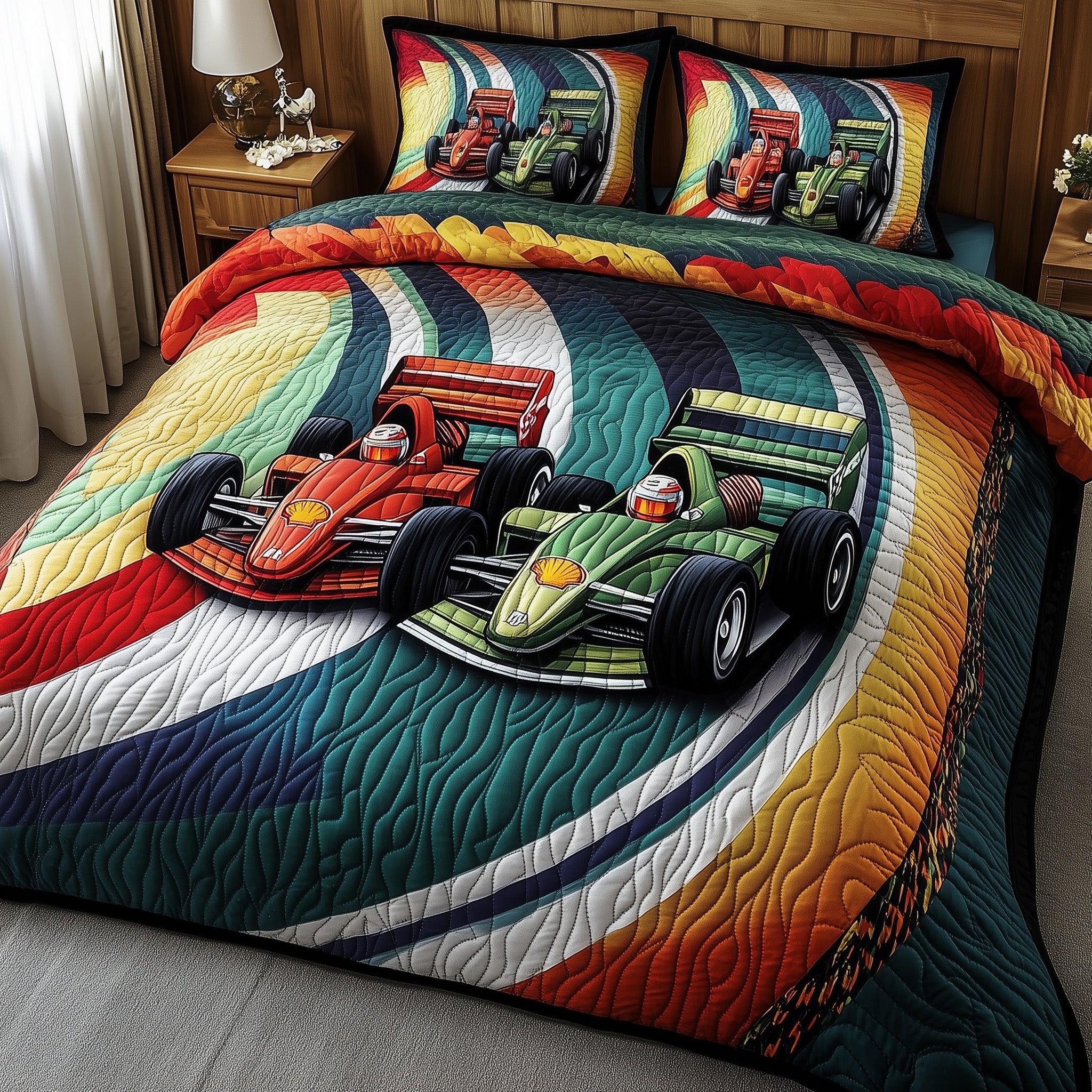 Race Car Quilted Bedding Set Duvet Cover Merchandise Rally Driving Present F1