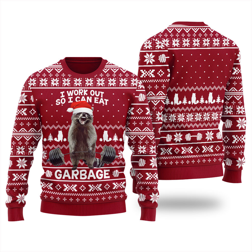Racoon Lifting Mens Funny Christmas Sweater Unique Holiday Merch Gift for Home and Family