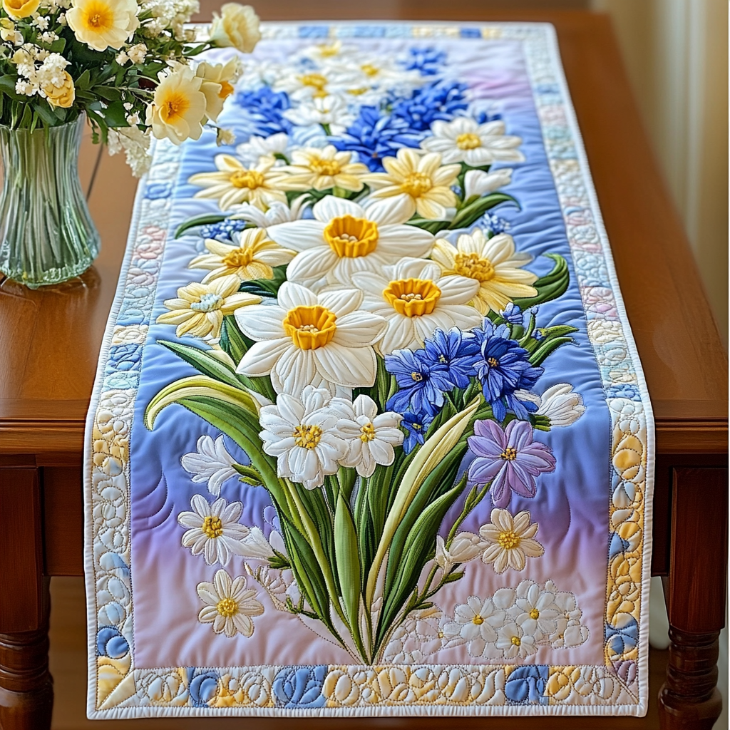 Radiant Blooms Quilted Table Runner Flower Table Runner Dining Room Decor