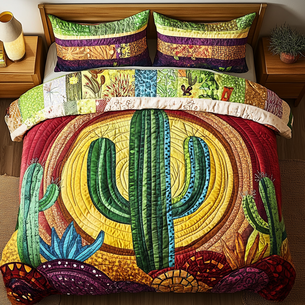 Radiant Cactus Glow Quilted Bedding Set Elegant Bed Linen Set for Cozy Nights