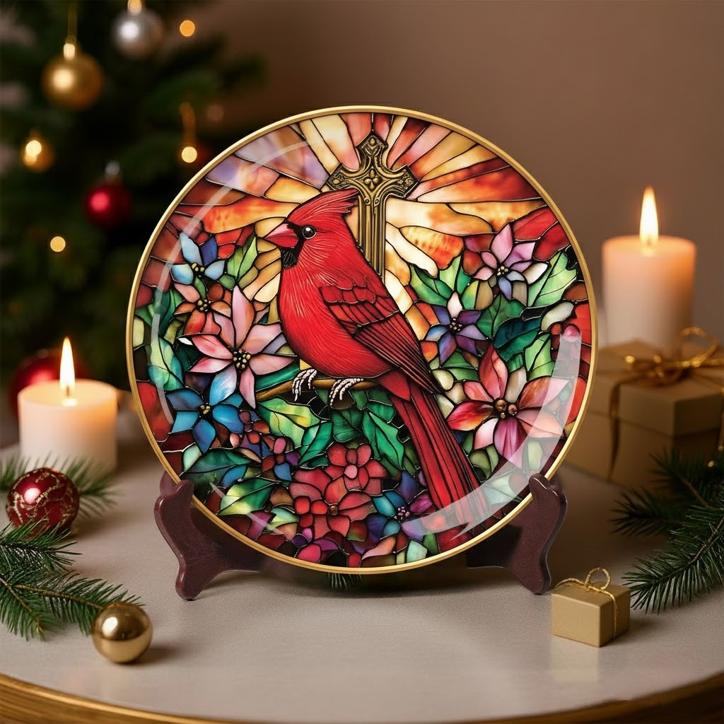 Radiant Cardinal Glory Christmas Ceramic Plate Cross Christian Red Cardinal Xmas Decorations