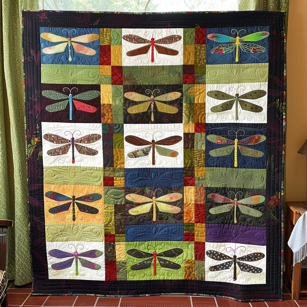 Radiant Dragonfly Patchwork Quilted Blanket Unique Dragon Gifts