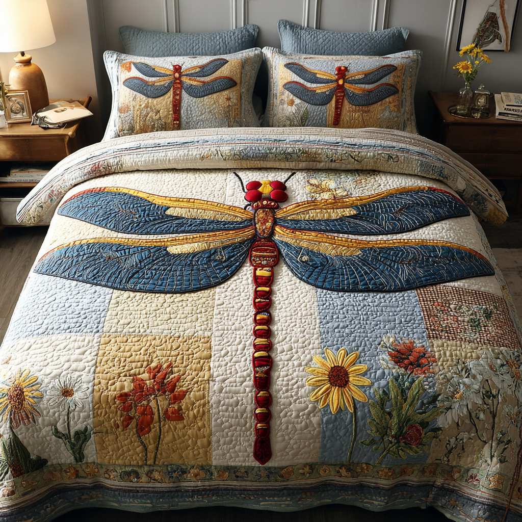 Radiant Dragonfly Quilted Bedding Set Cozy Bedroom Decor Dragonfly Lover Gifts For Women