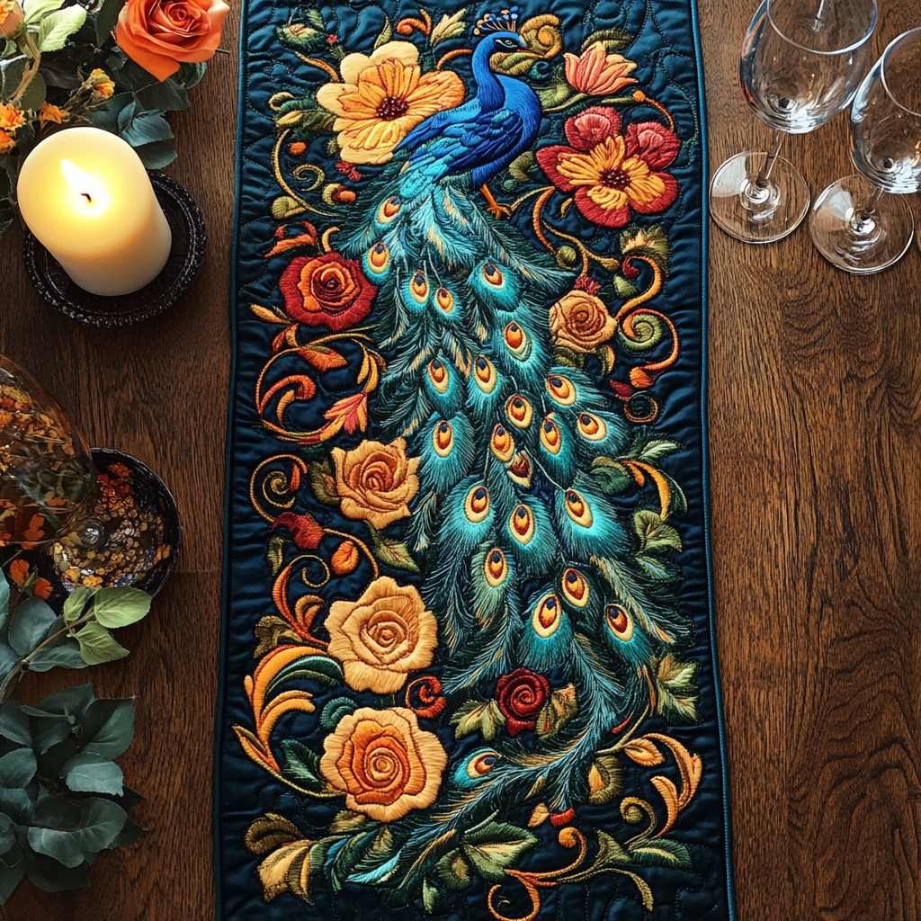 Radiant Feather Quilted Table Runner Dining Room Table Decor Peacock Theme Gifts Items