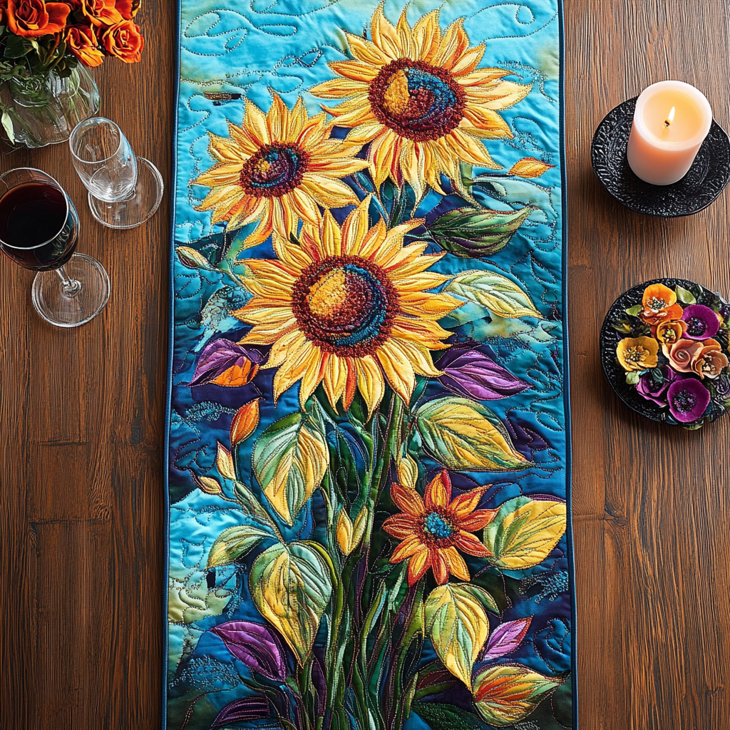 Radiant Flower Quilted Table Runner Kitchen Table Decor Ideas Sunflower Gift Items