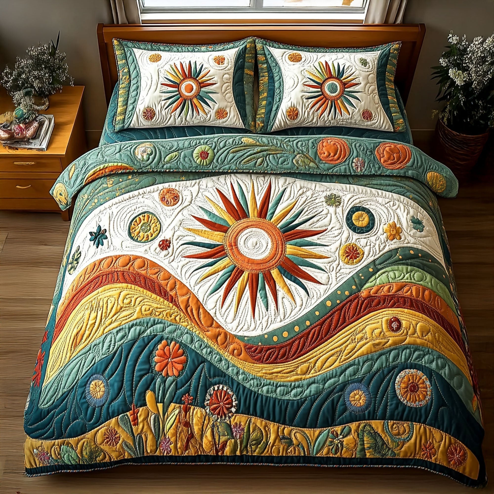 Radiant Groove Quilted Bedding Set Cozy Bedroom Decor Hippie Gifts For Her