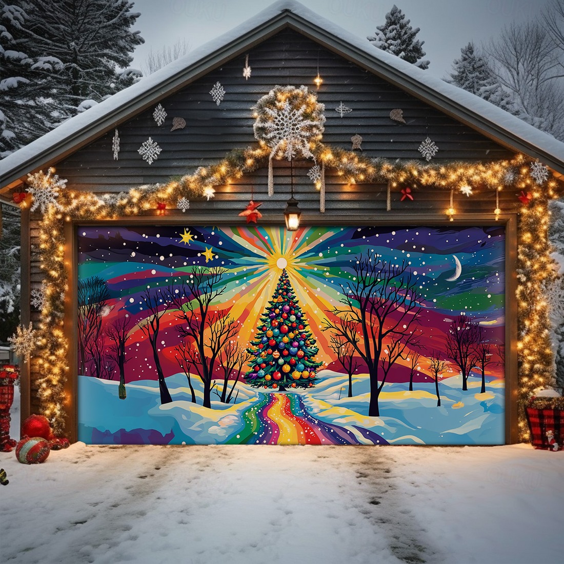 Radiant Holiday Wonderland Christmas Garage Door Cover Colorful Pine Tree Outside Decor Gifts