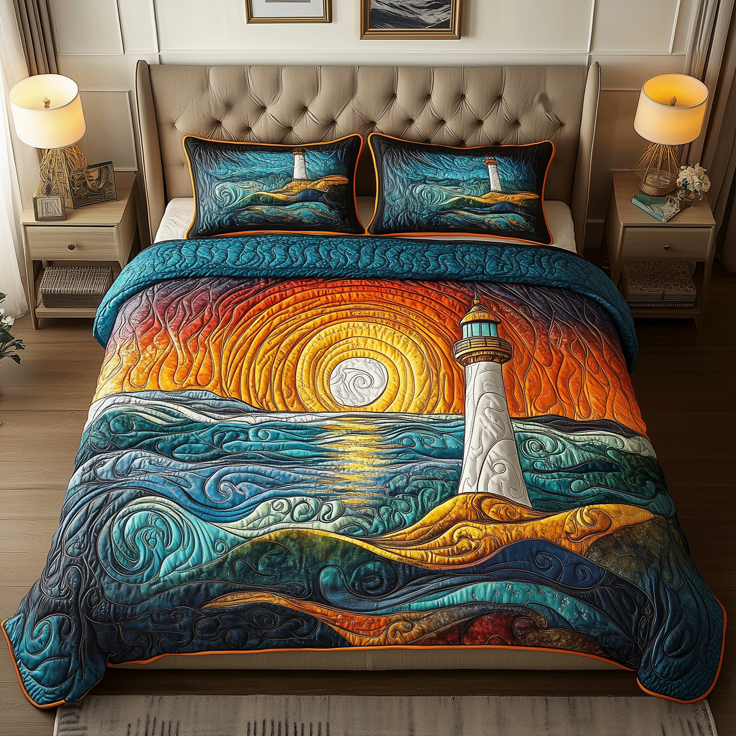 Radiant Lighthouse Quilted Bedding Set Elegant Bedding Set Gift for Newlyweds