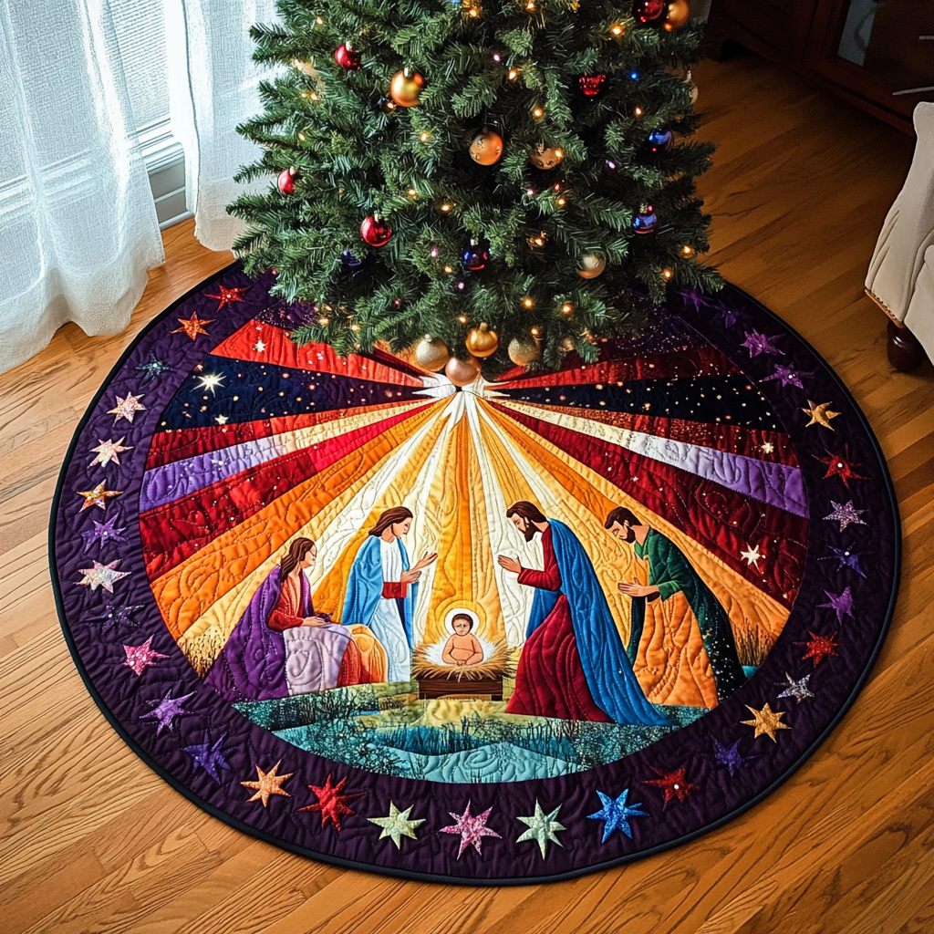 Radiant Nativity Christmas Quilted Tree Skirt Charming Tree Skirt for Family Gatherings