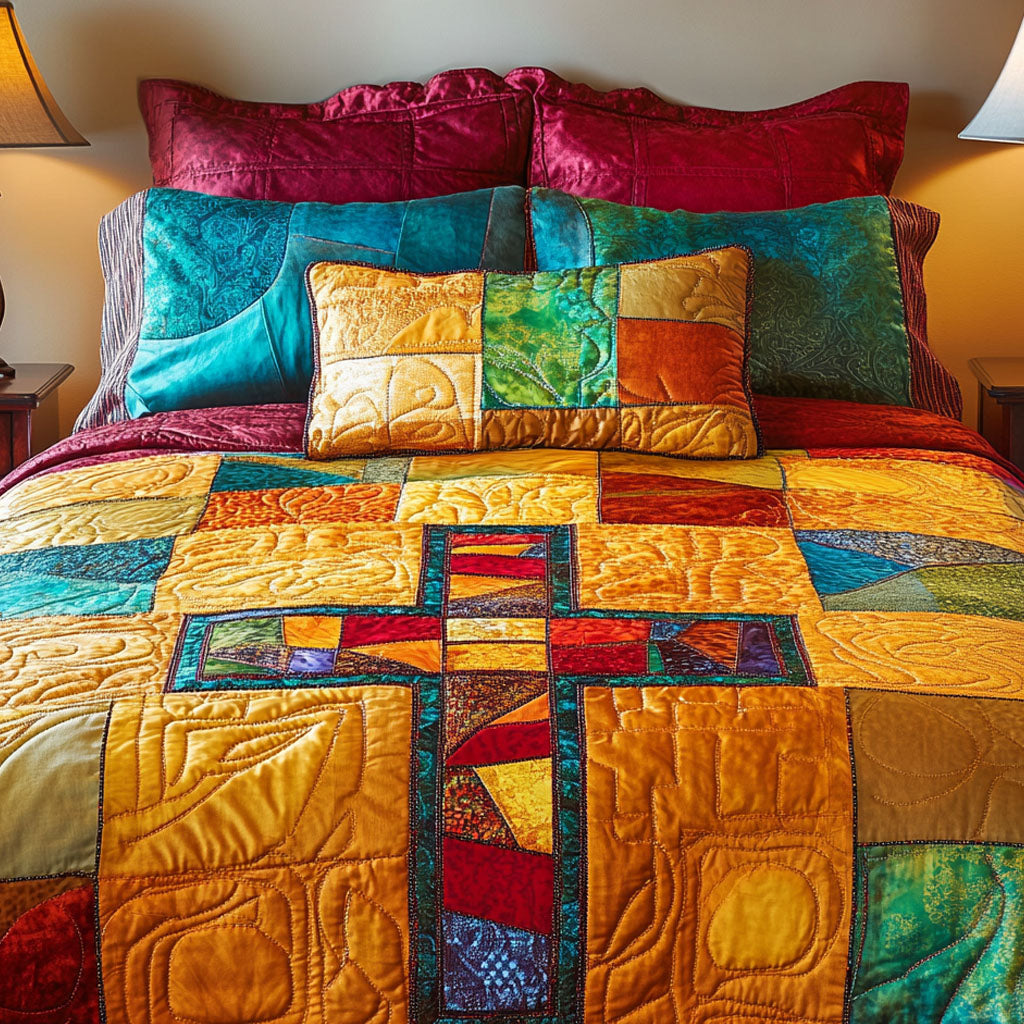 Radiant Patchwork Cross Quilted Bedding Set Bed Room Decoration Christian Gifts For Women