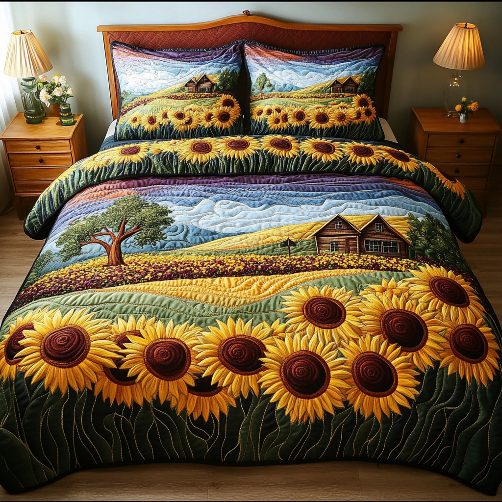 Radiant Petals Quilted Bedding Set Bed Decorations Sunflower Presents