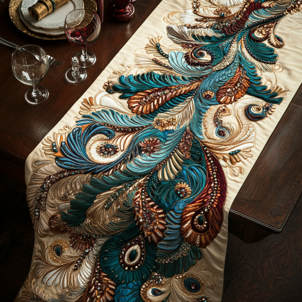 Radiant Plumage Quilted Table Runner Kitchen Table Decor Ideas Gifts For Peacock Lovers