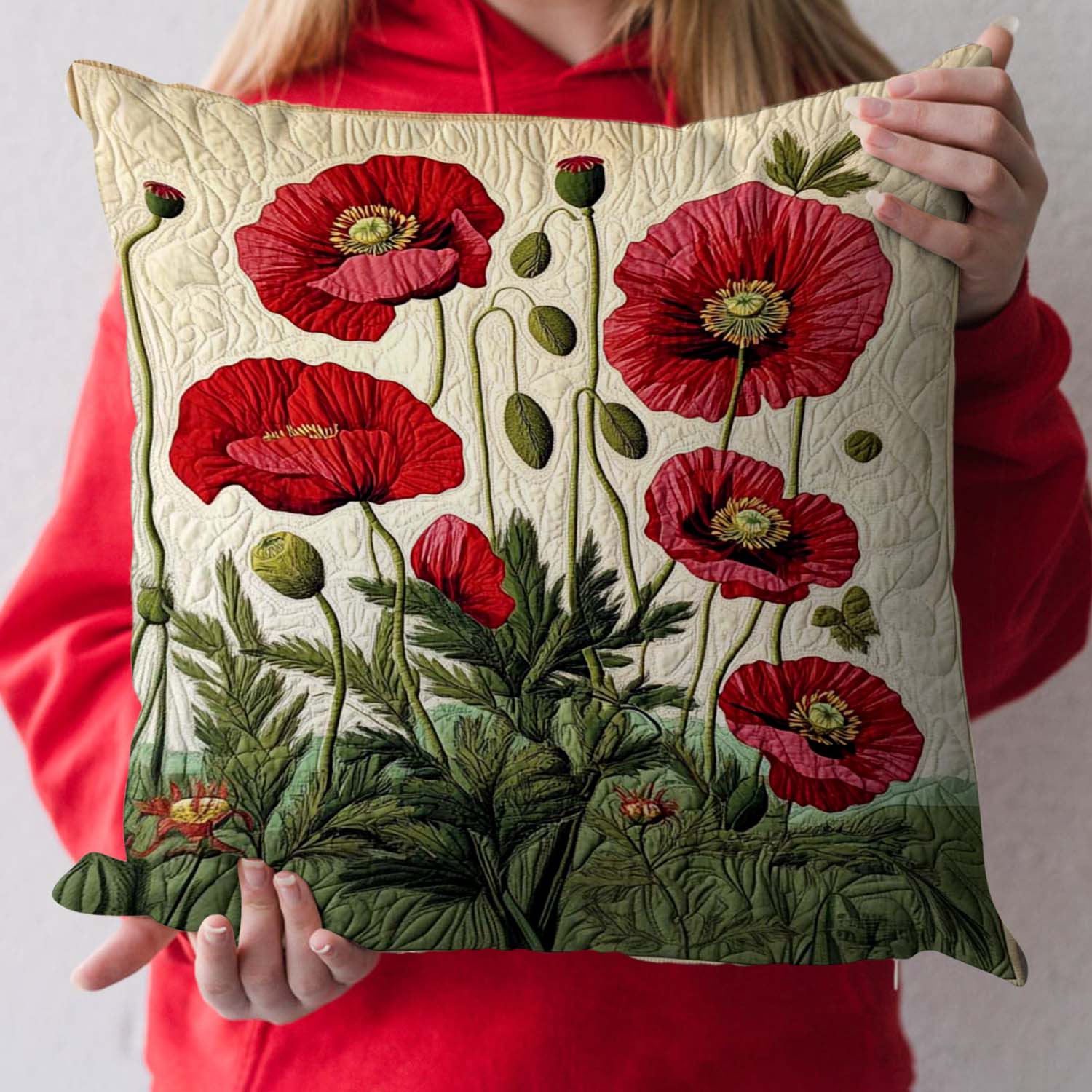 Radiant Red Poppies Quilted Pillow Case Christmas Pillow Cover for Couch