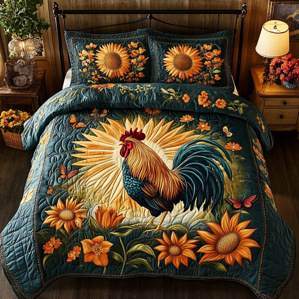 Radiant Rooster Quilted Bedding Set Bedroom Decorations Chicken Throw Blanket