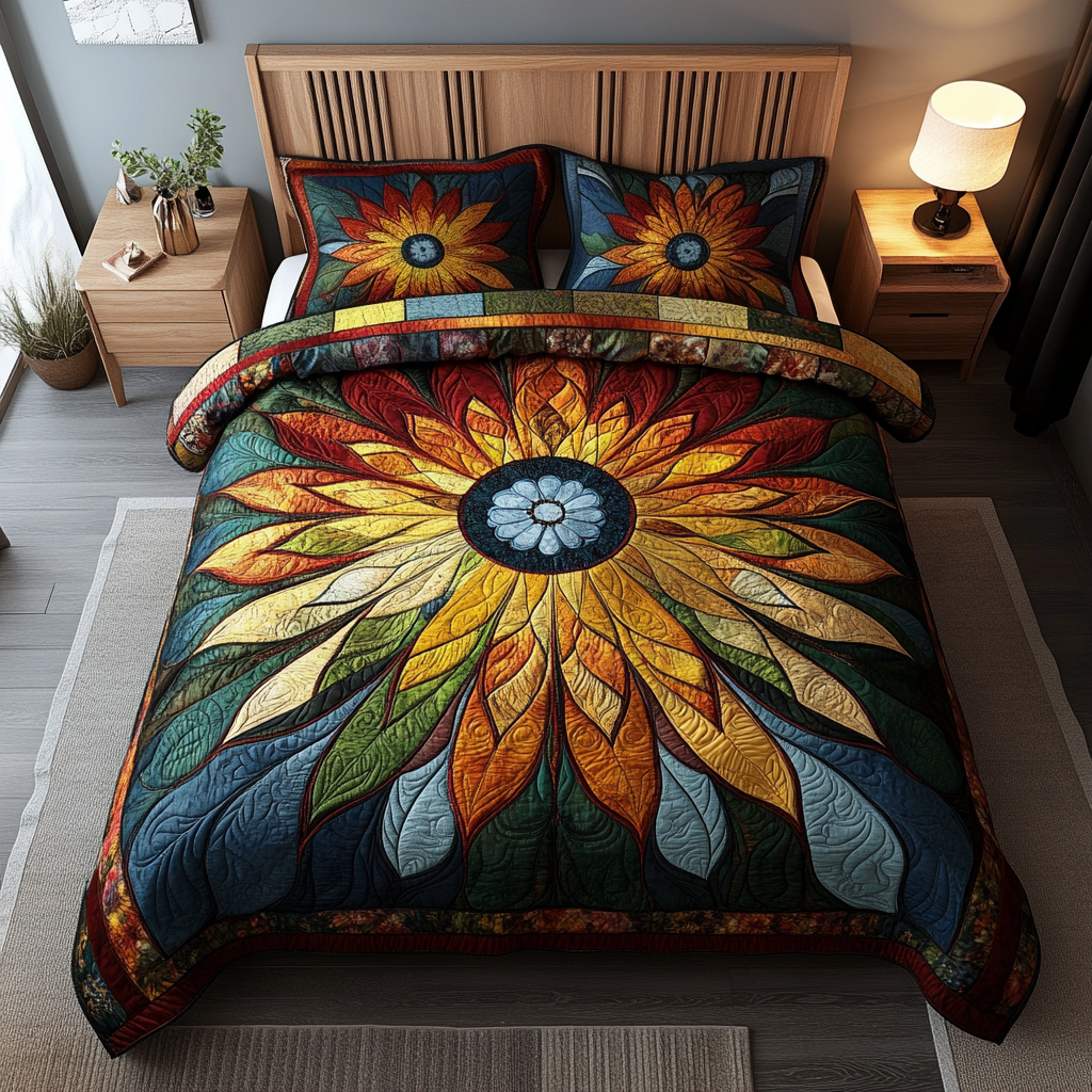 Radiant Sunflower Patch Quilted Bedding Set Queen Size Comforter Good Family Gifts For Christmas