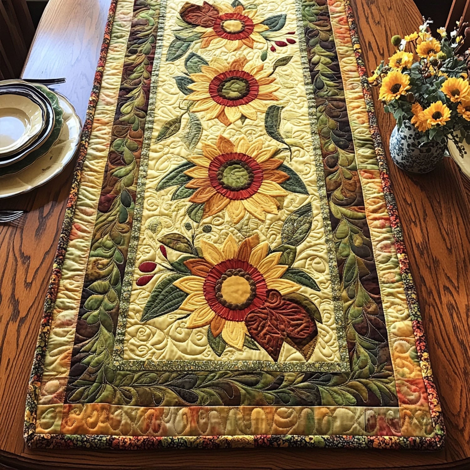 Radiant Sunflower Path Quilted Table Runner Floral Table Cover Dining Room Decor