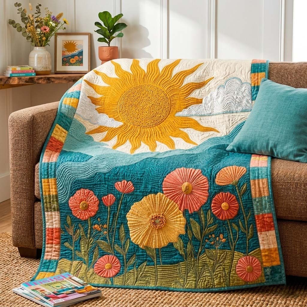 Radiant Sunshine Wildflower Quilted Blanket Boho Floral Decor Best Gift For Nature Lover