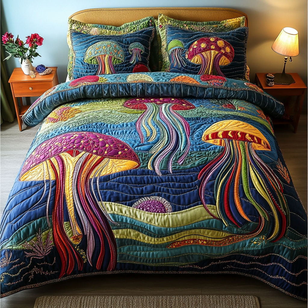 Radiant Tentacles Quilted Bedding Set Bedroom Decor Unique Jellyfish Gifts