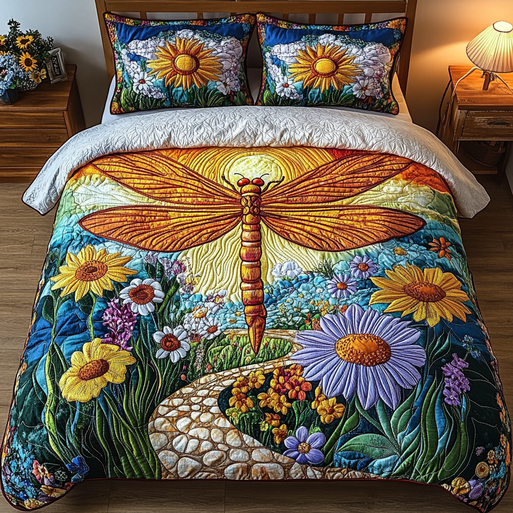 Radiant Wings Quilted Bedding Set Cute Room Decor Best Dragonfly Gifts For Mom